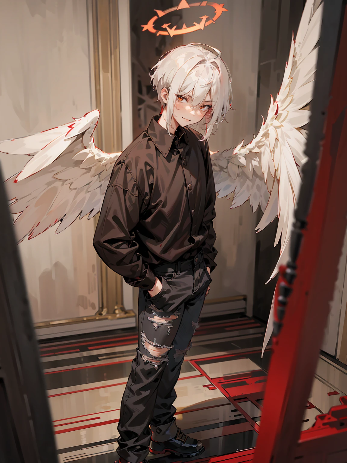 1male, Adult, Two Tone Hair, Crimson and White Hair, Short Hair, Undercut Hair, Red Angel Halo, Black Wings, Golden Eyes, Smirk, Black Flannel Shirt, Black Ripped Jeans, Standing On Path
