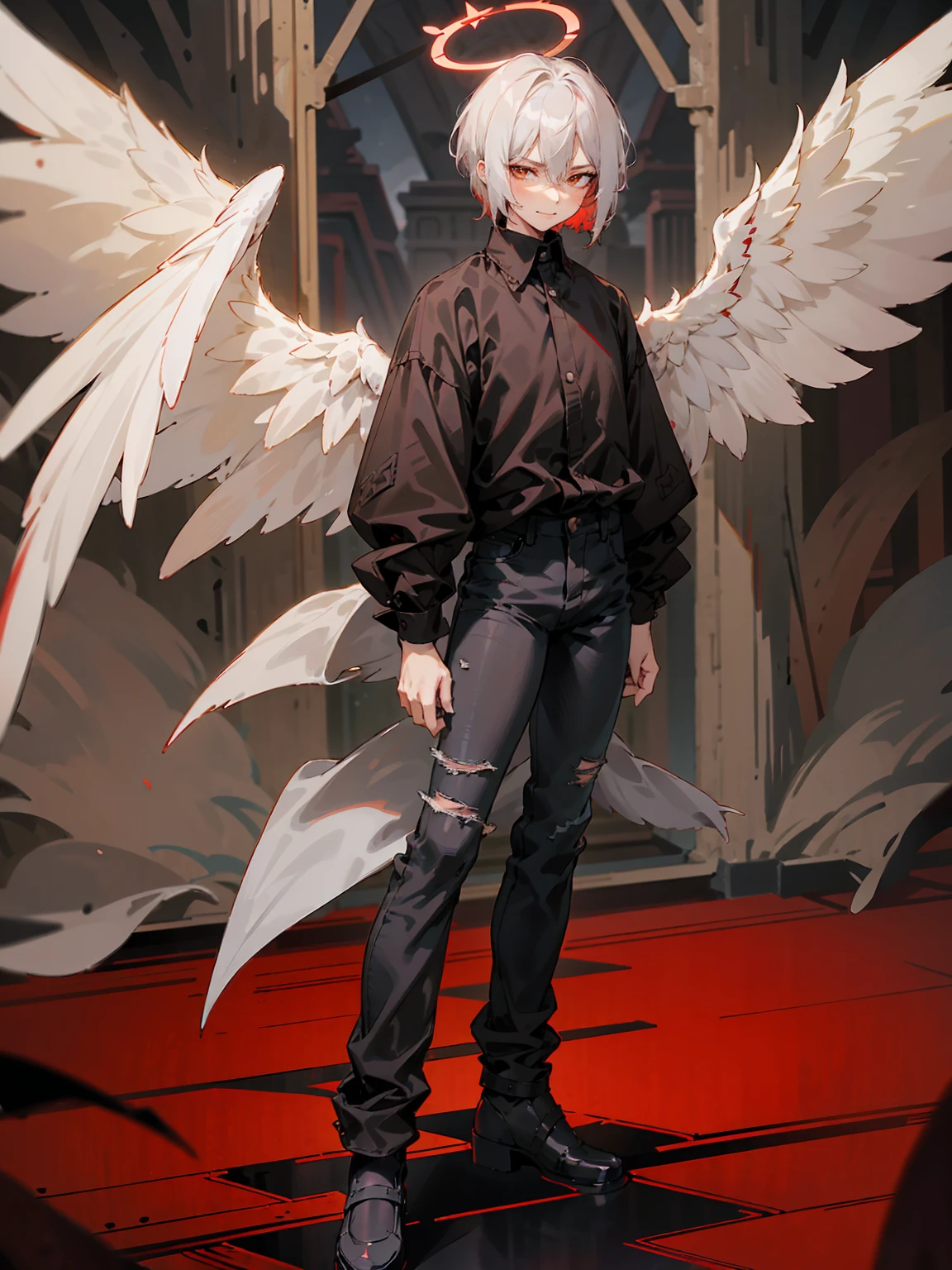 1male, Adult, Two Tone Hair, Crimson and White Hair, Short Hair, Undercut Hair, Red Angel Halo, Black Wings, Golden Eyes, Smirk, Black Flannel Shirt, Black Ripped Jeans, Standing On Path