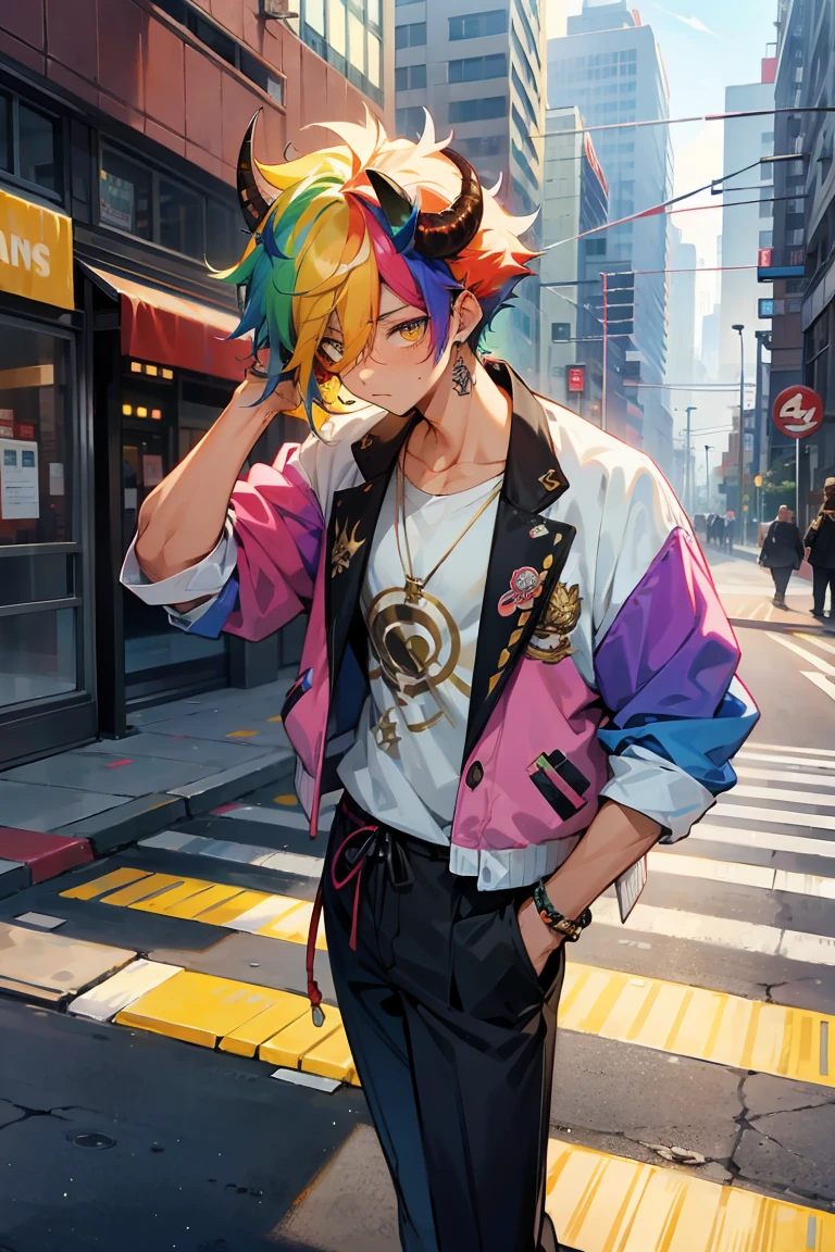 1male Rainbow Messy Hair ,Multicolored Hair, Golden Eyes, Bull Horns , Undercut Hair , Tan Skin , , Modern City Background , Standing on sidewalk , Hair over eyes