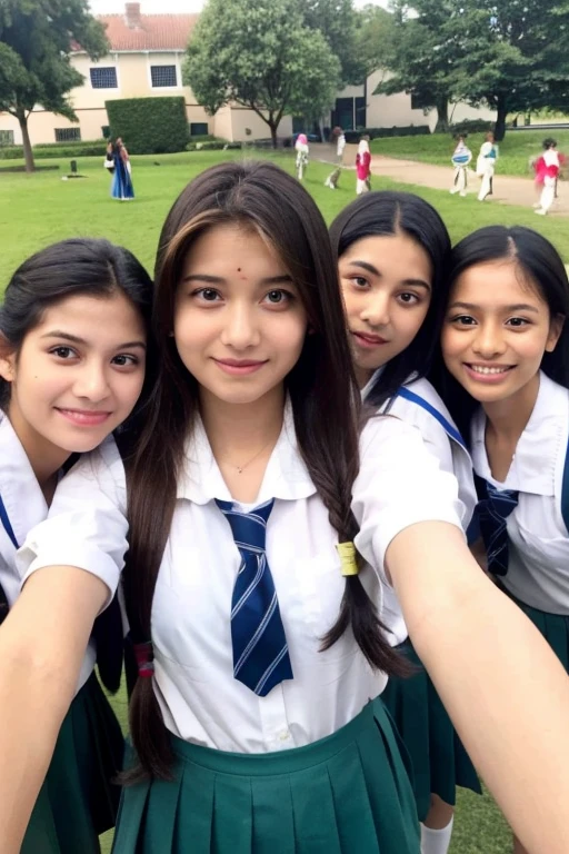 Indian cute white girl selfie beautiful looking in school dress in classroom with others best friend girls in group photo