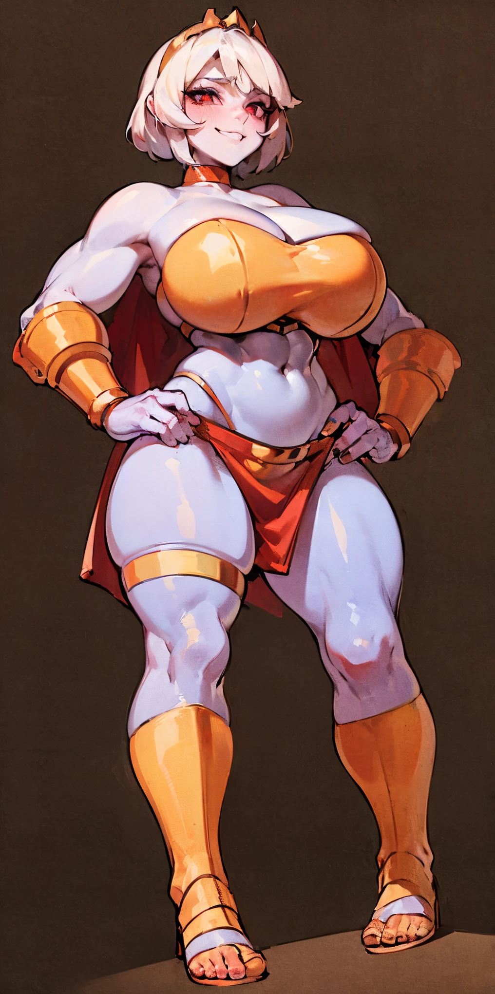 ((BLACK BACKGROUND,1:2, masterpiece)) full body MILF BIMBO standing with two long thighs and two metal sandals, red eyes, two-tone hair, brown hair, silver white hair, short bob style hair, big breasts, cleavage, separate sleeves, tiara royal, long cape up to two feet, yellow bikini, hands on waist, navel, toned body, lustful smirking smiling, smile face (red blushed, red cheeks), metal shoulders, gold sleeveless armbands, black leather choker slave collar (leather choker with big golden bell), shackle bracelets, red crest, pauldrons, breastplate, leather corset, eye focus, full body, whole body, 1solo, loincloth standing, hands on hips, big belt, view from below, feet together, bracers, tiara)