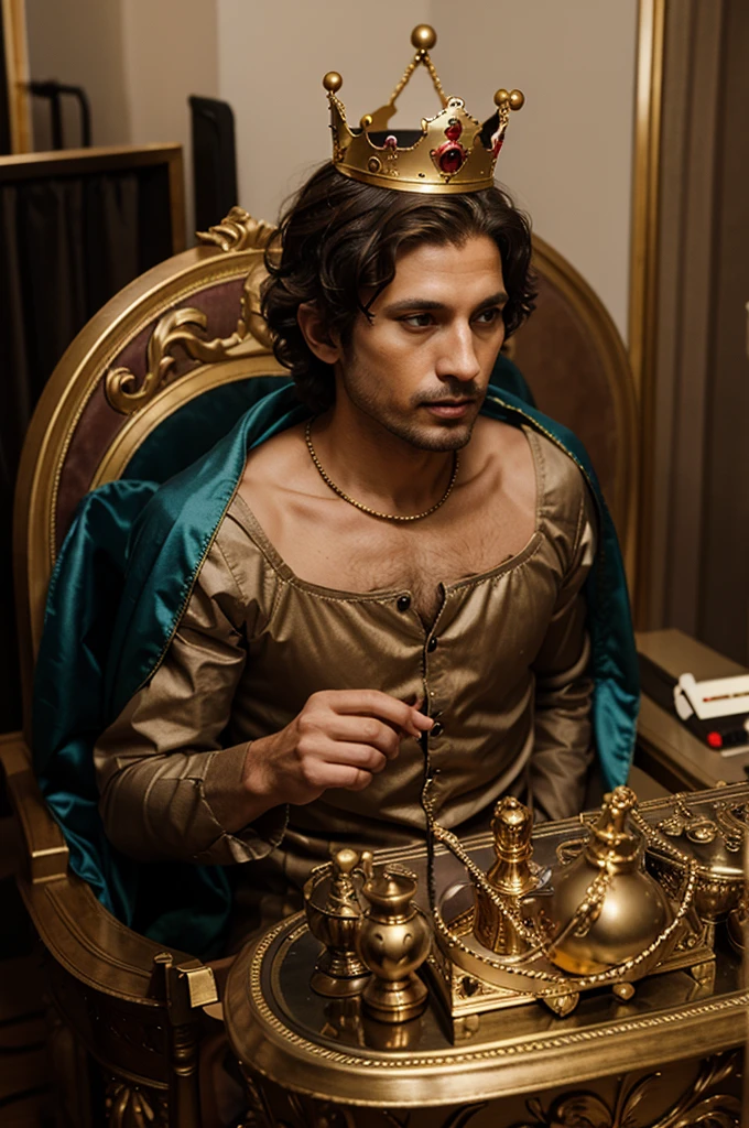 mouse man wearing a crown and dressed as a king and recording a video
