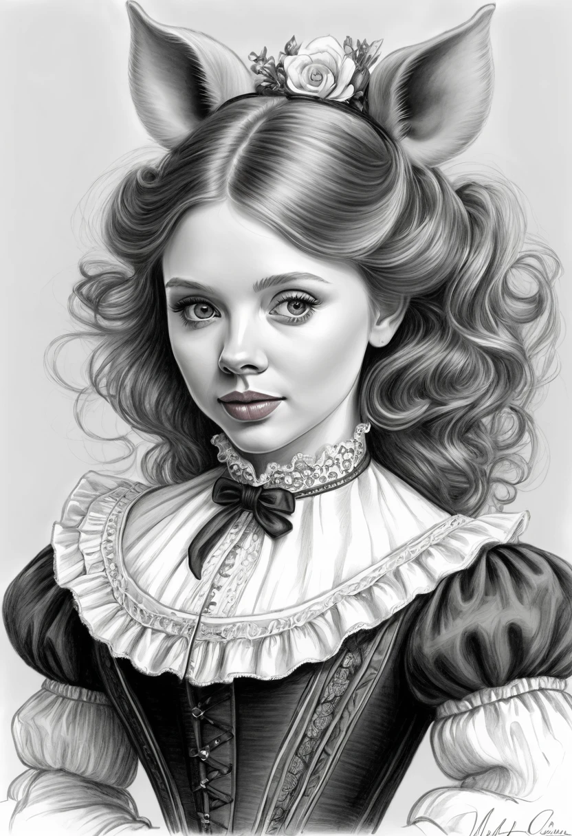 A pencil sketch of a beautiful victorian pig woman who is a mash up of Molly Quinn, Scarlett Johanson and Alison Brie.