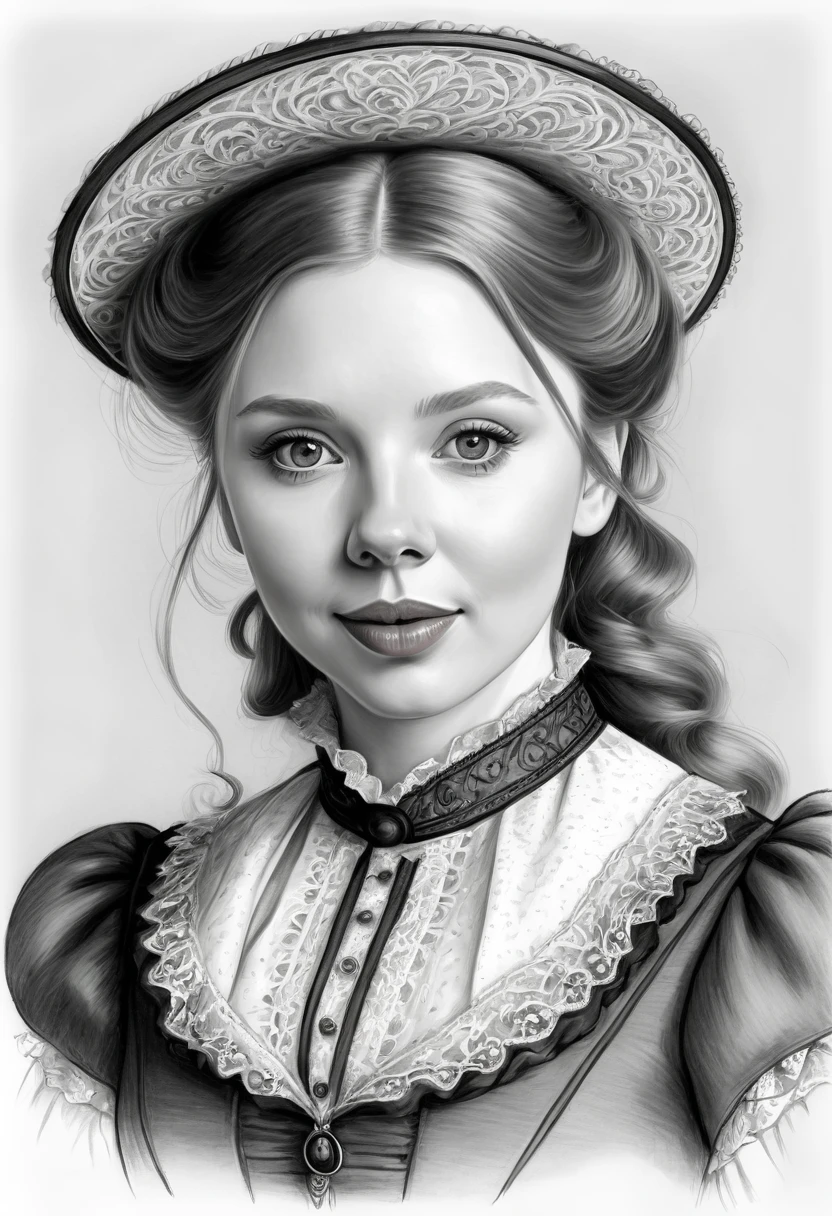 A pencil sketch of a beautiful victorian pig woman who is a mash up of Molly Quinn, Scarlett Johanson and Alison Brie.