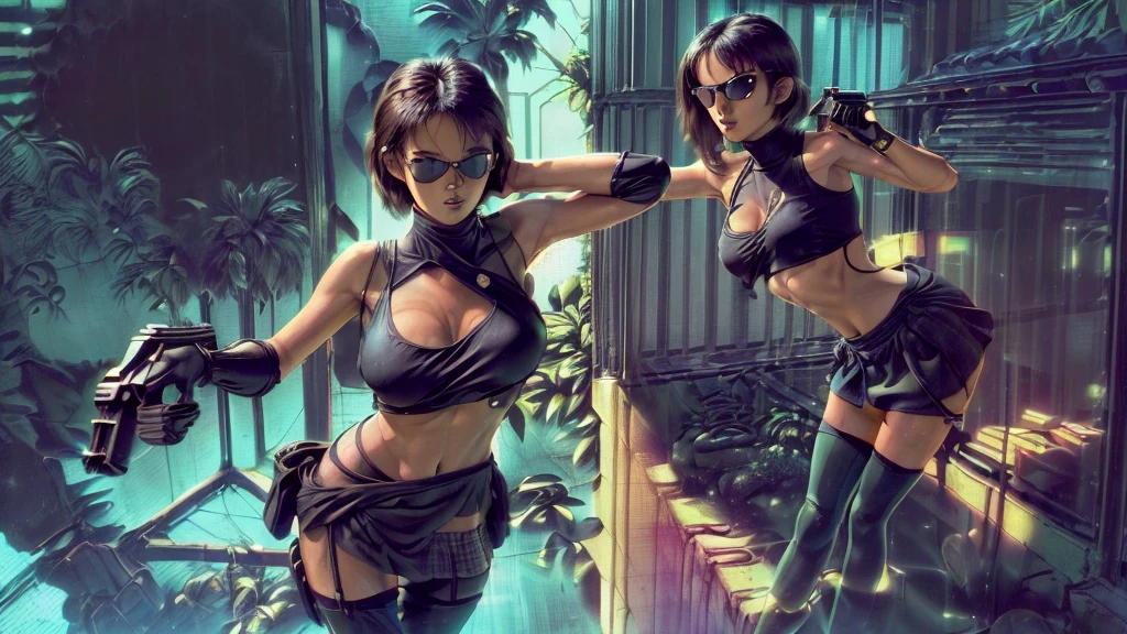 retrowavetech, virtual, House, (master part), no deserto, organic architecture, Floresta, Windows. sexy 1woman, solo, large breast cleavage, tank top, (((miniskirt, black sunglasses, pistol shooting pose, standing, leaning forward))), (((((half-body thigh level medium shot)))))