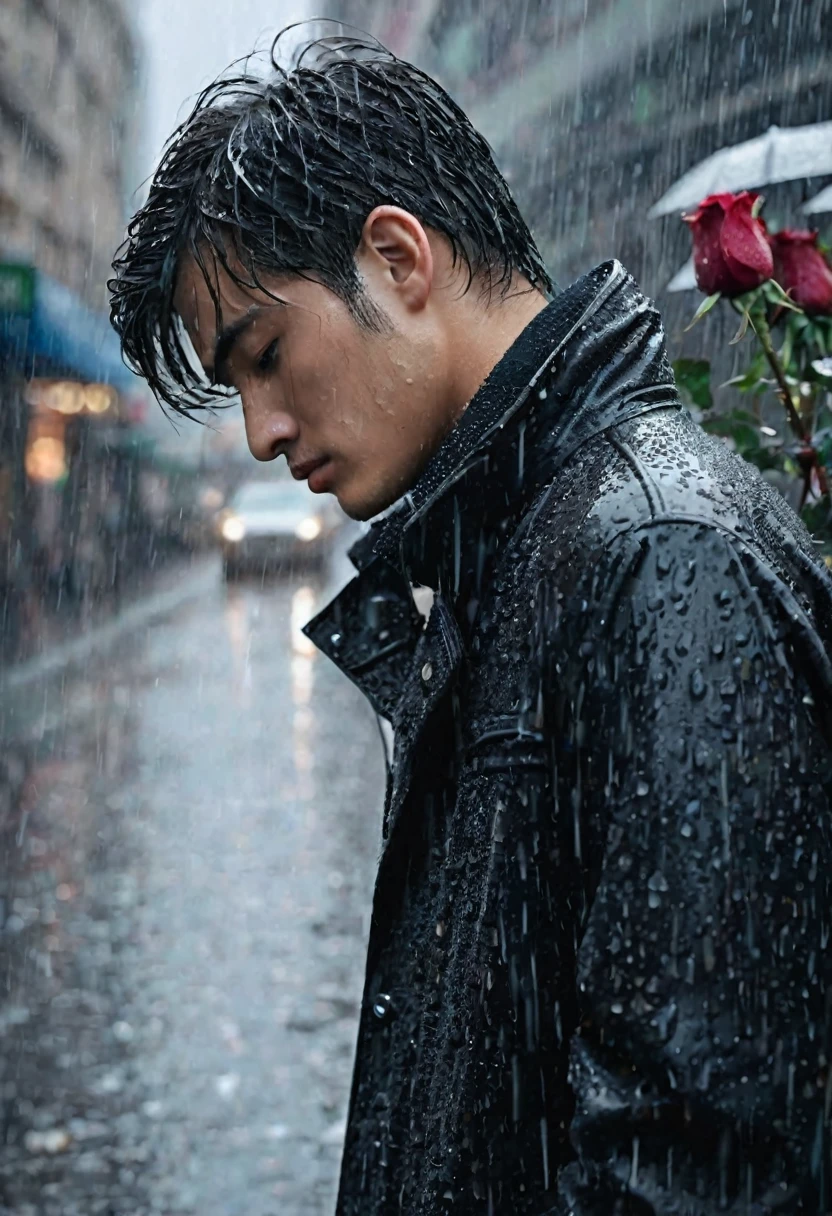 in a bustling city，cold rain，A man stands alone in the rain，The tightly held roses are scattered on the ground。His eyes are confused，The expression is sad，Gloomy eyes， and strong，withered rose，Wilted flowers，The rain washed over his cheeks。He insists on waiting，Believe that the one you love will come back。