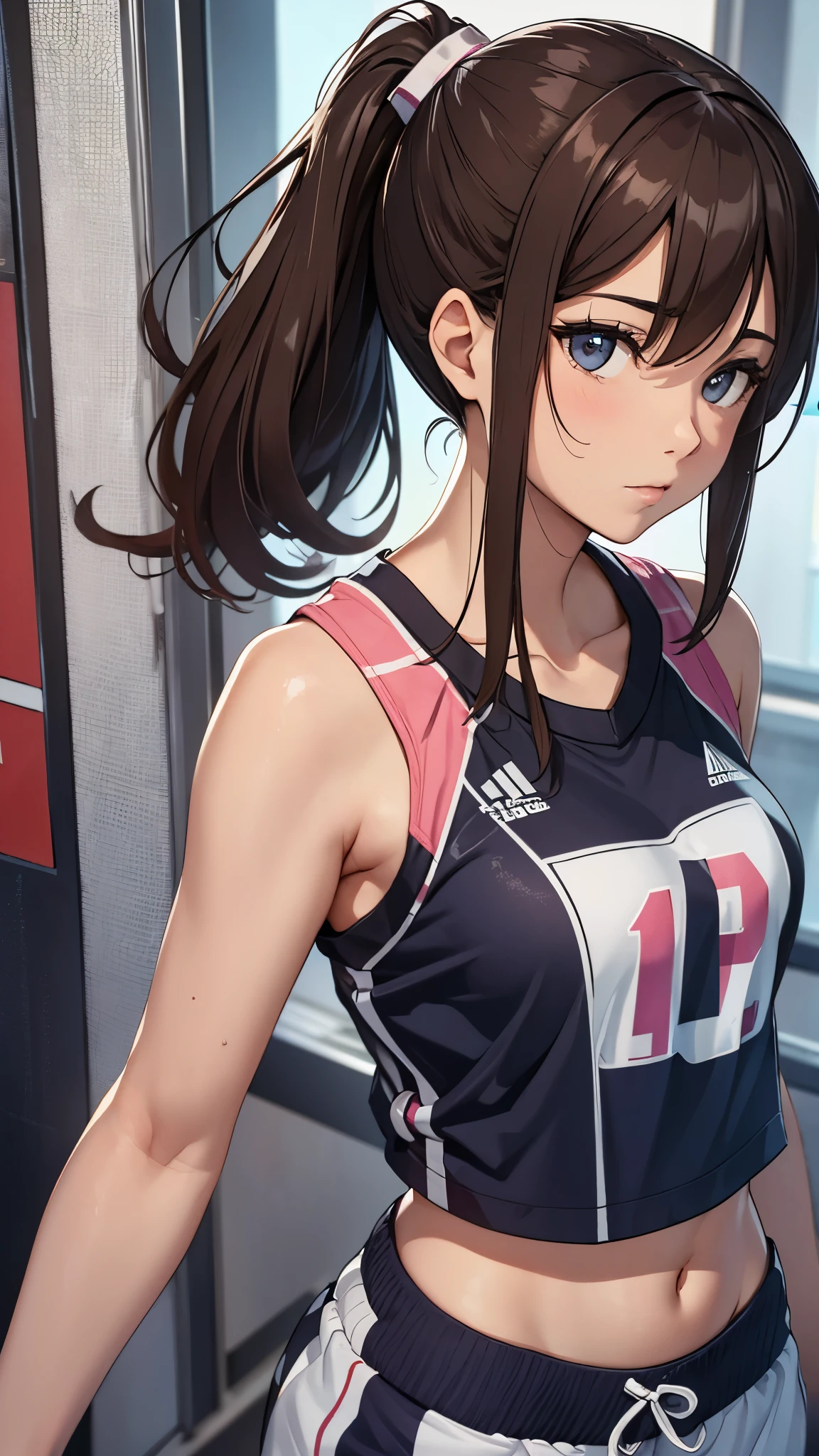 One girl,ponytail hair,brown hair,((jersey,sports style)),rage,slender body,socks,sneakers.