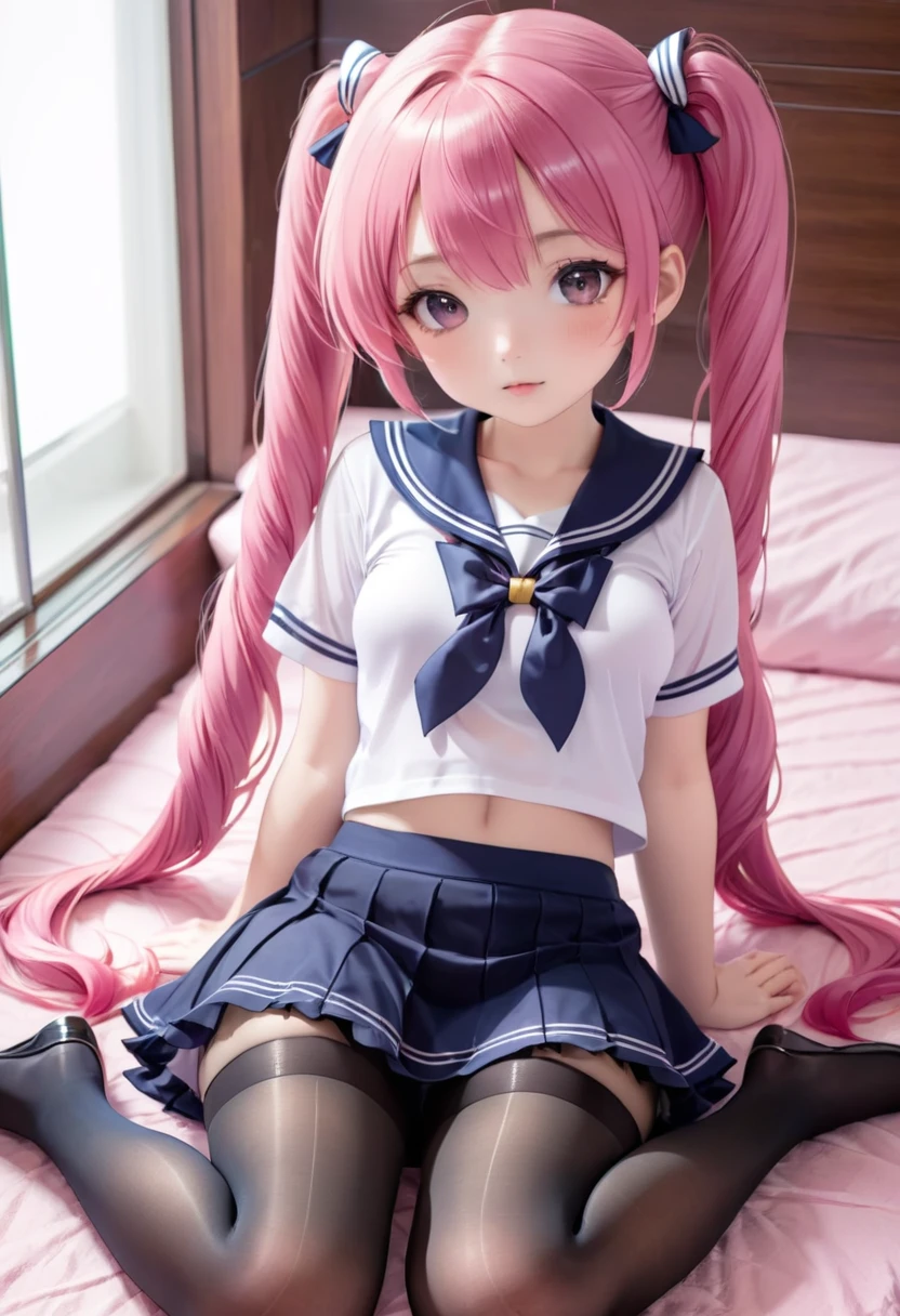 black pantyhose,,sailor,skirt,cute,lying,,pink hair,twintails,,shy,medium breasts,panties under pantyhose
