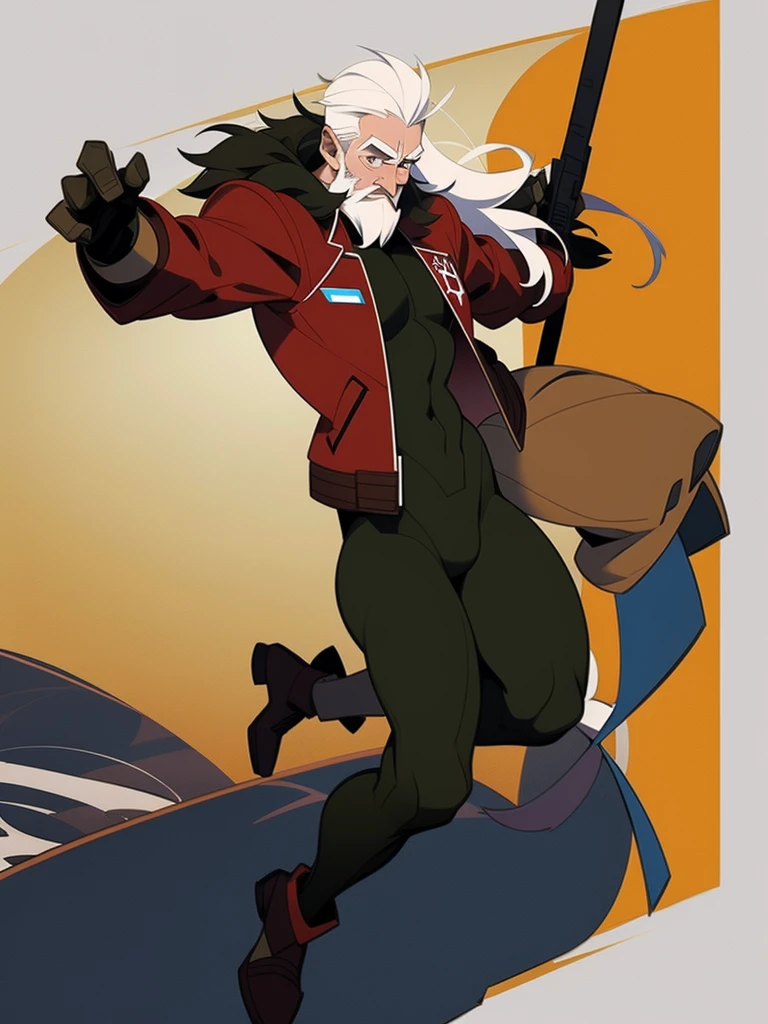 Male, Human, White hair, full body, soldier, fighter, fit build, leather jacket full body, and brown full beard.