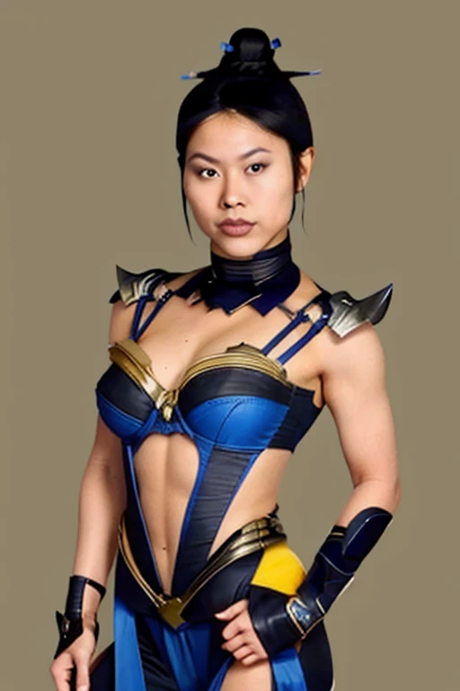 masterpiece, best quality, 1girl, kitana, mouth unmask, black hair, hair bun, medium ass,small breast,yellow eyes, dark skin, shoulder armor, cleavage cutout, closeup, sketch, solo, simple background,kiss into camera,eyes close,hands on thigh