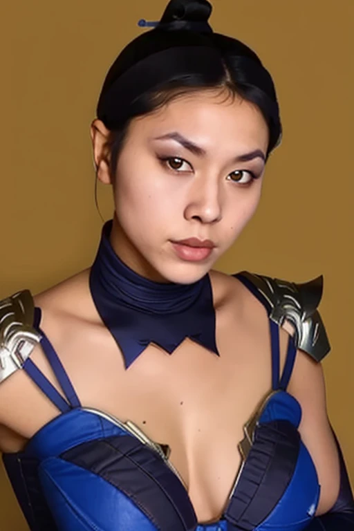 masterpiece, best quality, 1girl, kitana, mouth unmask, black hair, hair bun, medium ass,small breast,yellow eyes, dark skin, shoulder armor, cleavage cutout, closeup, sketch, solo, simple background,kiss into camera,eyes close,hands on thigh