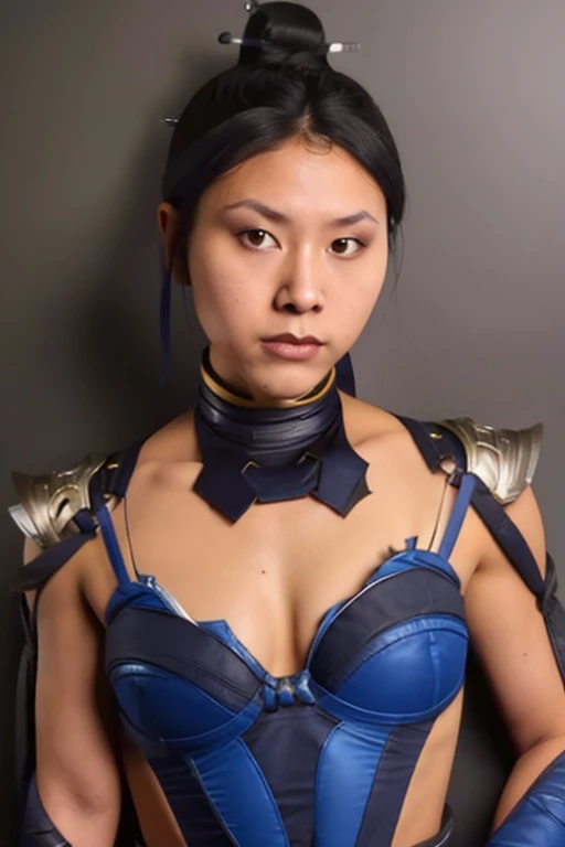 masterpiece, best quality, 1girl, kitana, mouth unmask, black hair, hair bun, medium ass,small breast,yellow eyes, dark skin, shoulder armor, cleavage cutout, closeup, sketch, solo, simple background,kiss into camera,eyes close,hands on thigh