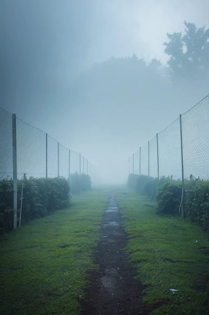 blue ground,In the thick fog,You can only see a green wire mesh fence about 2 meters high on the right., There are no identifiable objects to the left or in front of you.,There are some deformed and strange black shadows in the distance,Like an unknown monster,With weird core color