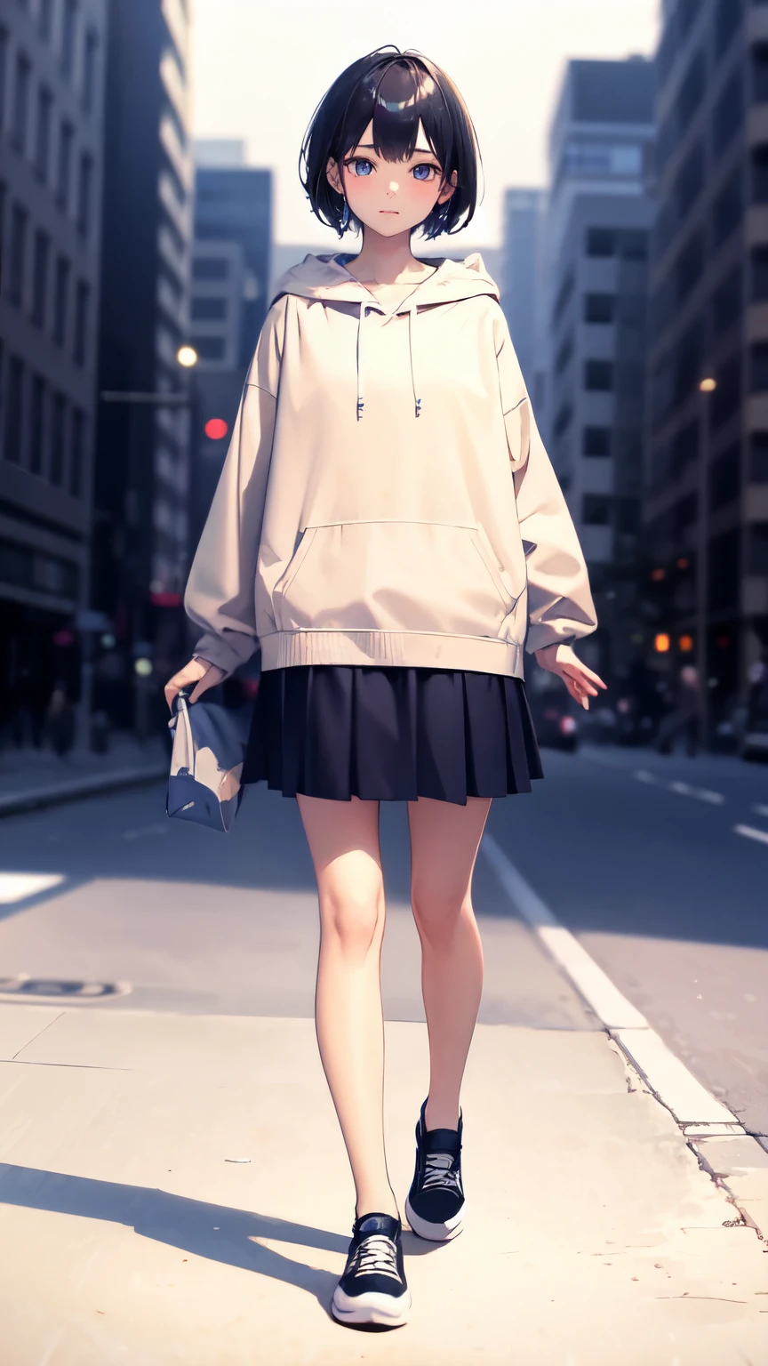 ((front)), A girl with short beige hair and blue eyes wearing a hoodie and skirt, whole body, front, Standing still, Plain background,