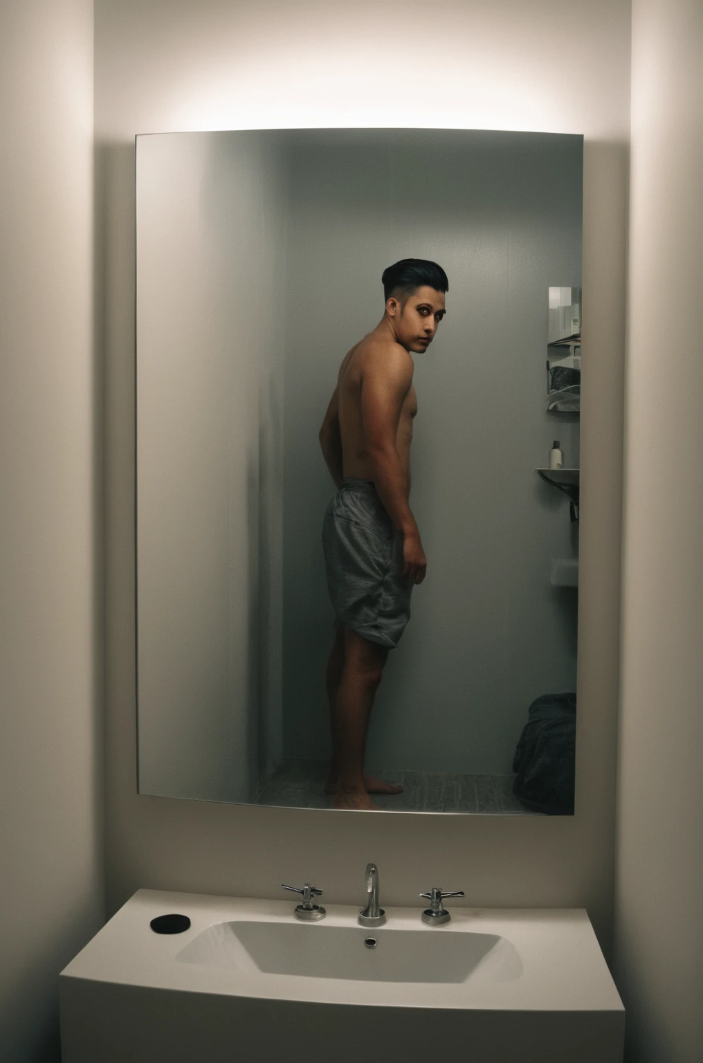 Indio man taking a autophoto in a bathroom mirror, autophoto of a man, mirror autophoto, Standing in front of a mirror, 8k autophoto photograph, autophoto!!!!! of a man, looking in a mirror, looking in a mirror, looking in the mirror, A portrait of Rahul Kohli, large mirrors, shot with sigma f / 4. 2