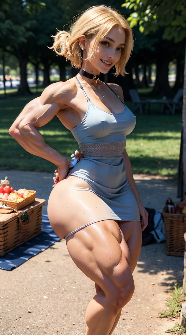 (Muscular:2), (thick thighs:2.1),
(blonde female), (android18 haircut), (hair bow:1.2),
(wearing glasses), earrings, eyeshadow, lipstick,
detailed eyes, (big smile:1.6), detailed skin,
(hard protruding nipples:1.3), (perky breasts:1.4),
(choker, long flowing sundress:1.8),
(upper body view, side view:1.2), (looking at viewer:1.4), (standing:1.5),
(park, picnic:1.5), rim lighting, two tone lighting, dimly lit