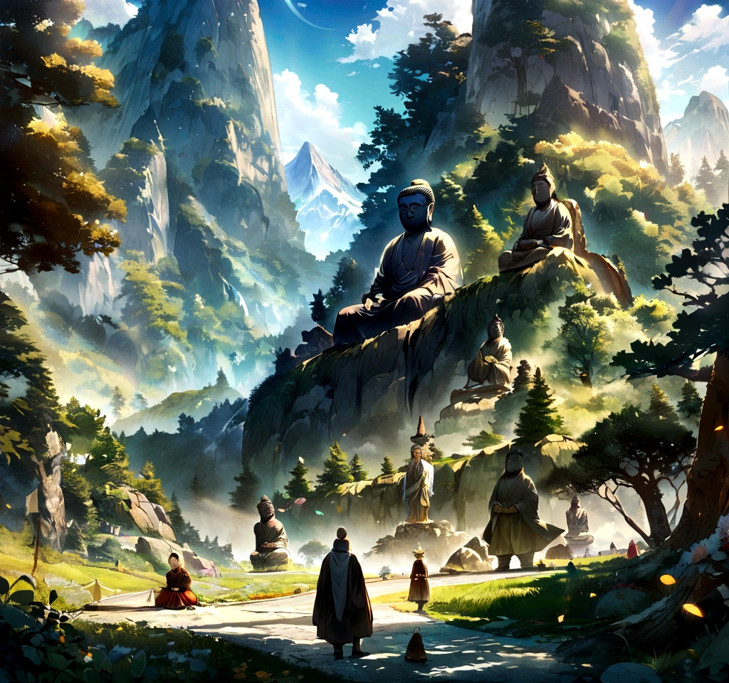 There is a tall seated Buddha statue in the distance, The sun shines on the mountains, Giant trees, And the pilgrims on the road. The composition is beautiful, Own a masterpiece, detail, and HD