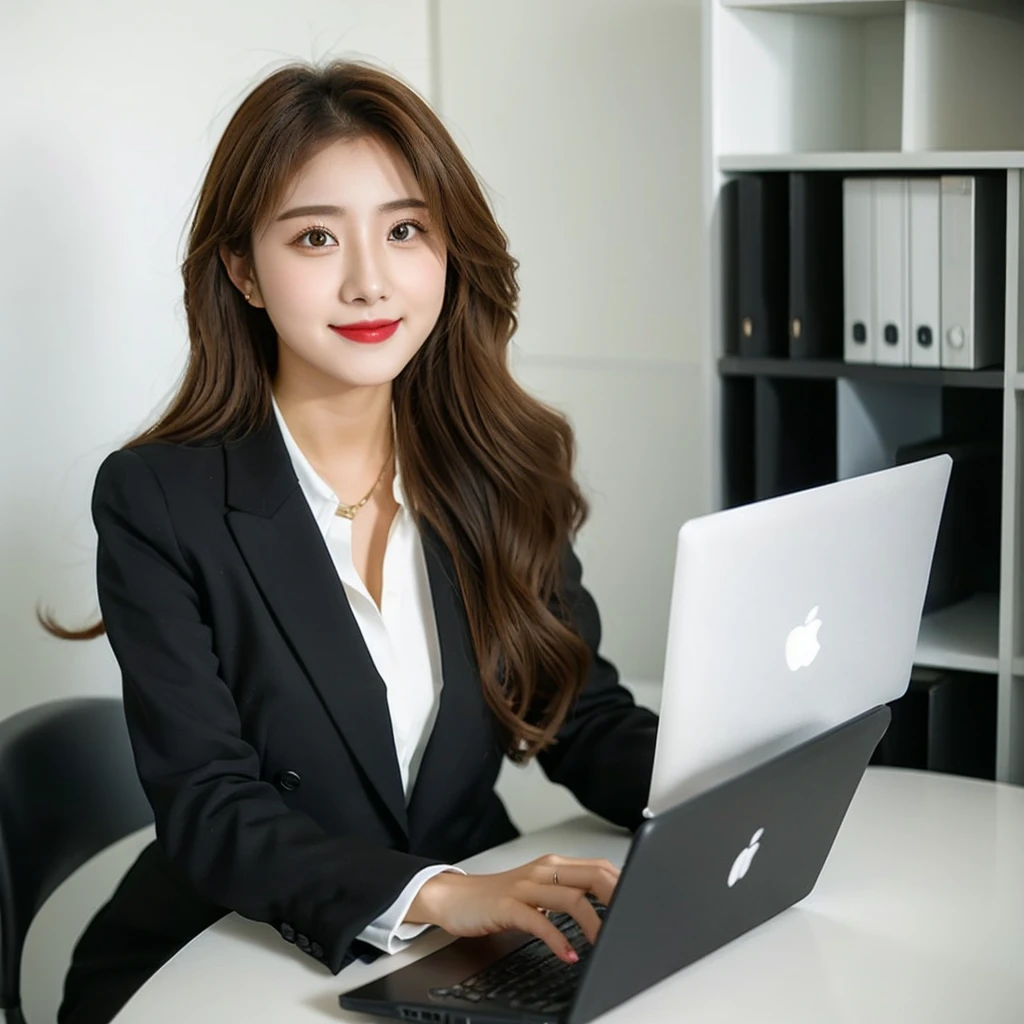 Create a high-quality, realistic image of Ms. Lyna, (1 girl ) a beautiful and youthful 27-year-old woman, working in a modern office. She is dressed in fashionable business attire, smiling as she works on a laptop with marketing documents on the desk