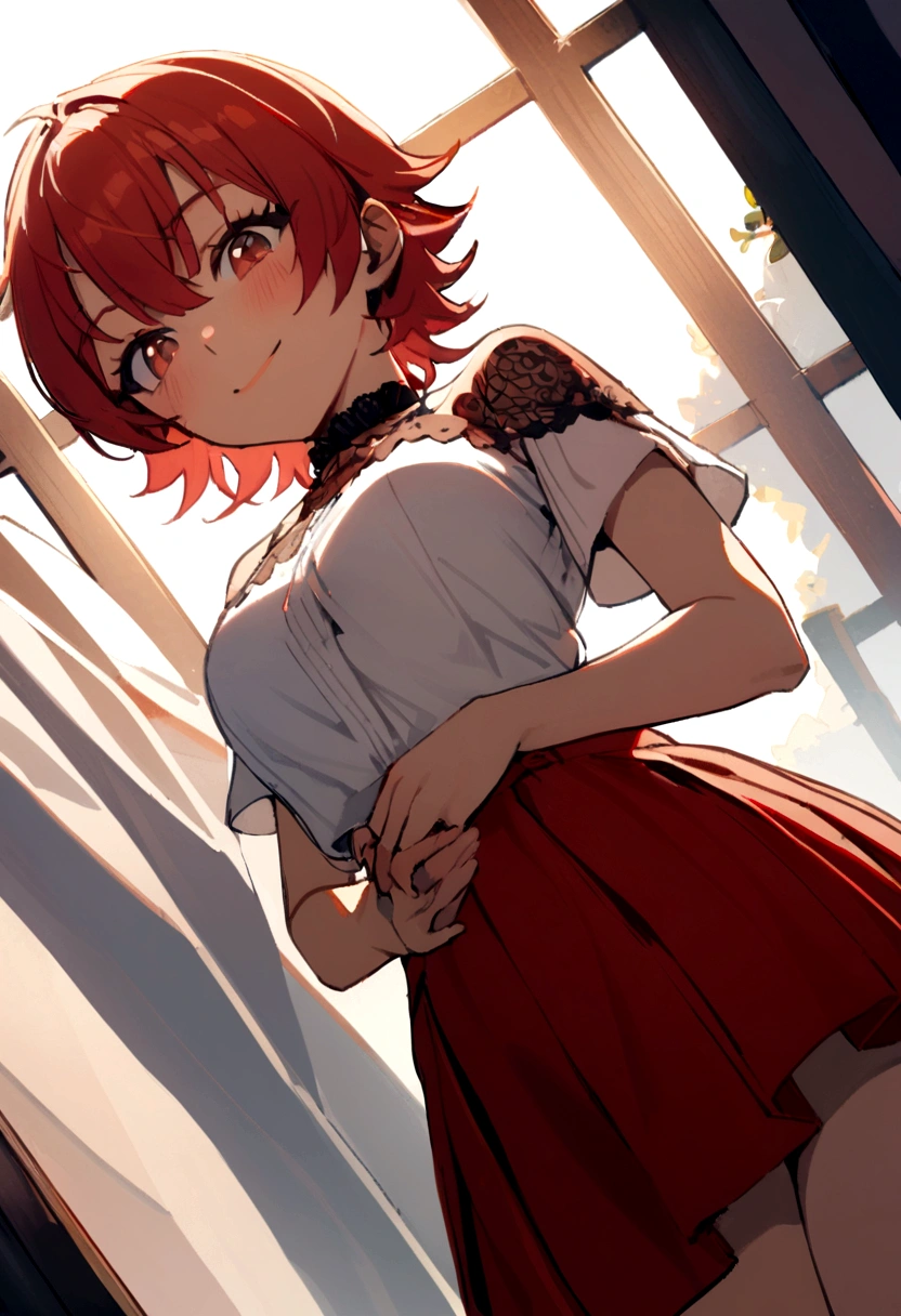 1girl, low camera angle, red short hair, , skirt, lega crossed, looking down at camera, sly smile