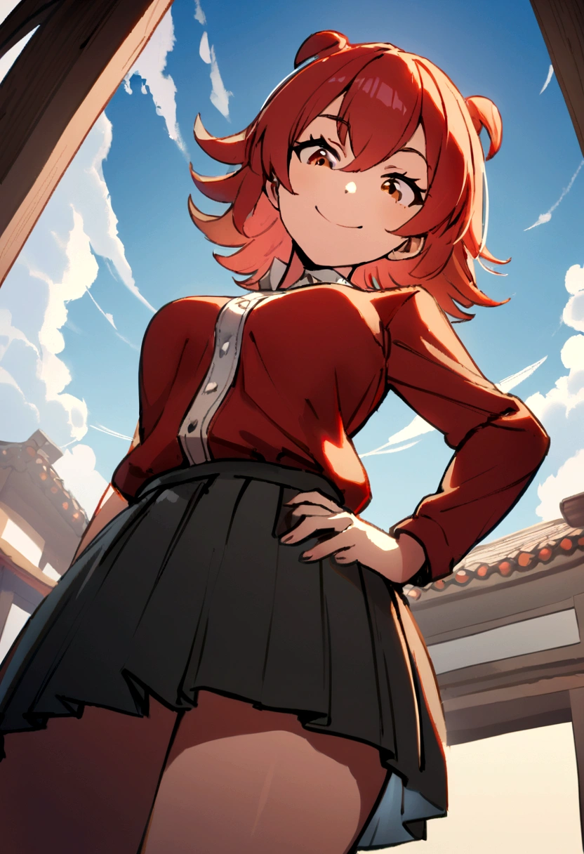 1girl, low camera angle, red short hair, , skirt, lega crossed, looking down at camera, sly smile