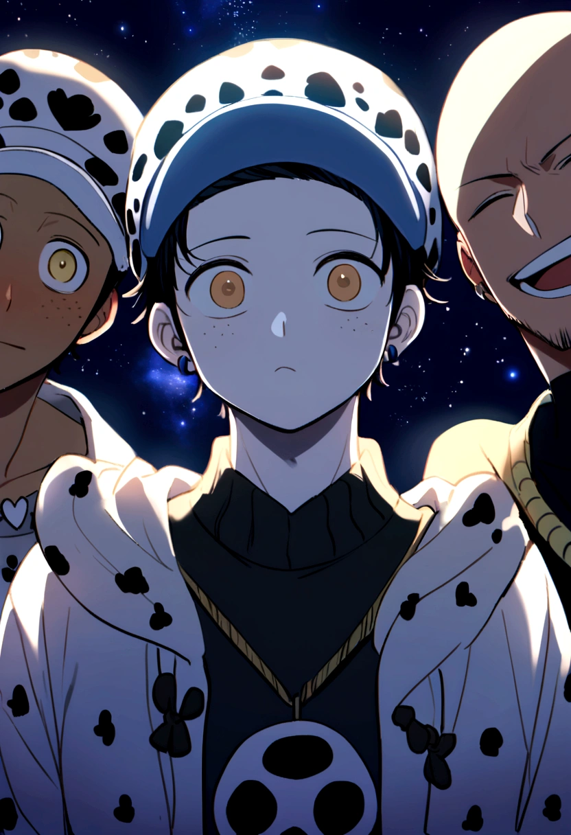 1 chico , cheered up , from onepiece , looking at the sky in amazement ,half body , looking at the stars , short wavy black hair , white skin with slight freckles , neutral eyes without shine royal blue color , black shirt , gray open sweater , wearing the white cap like Trafalgar law , while there is Trafalgar law and Rosinante Donquixote (heart) behind him