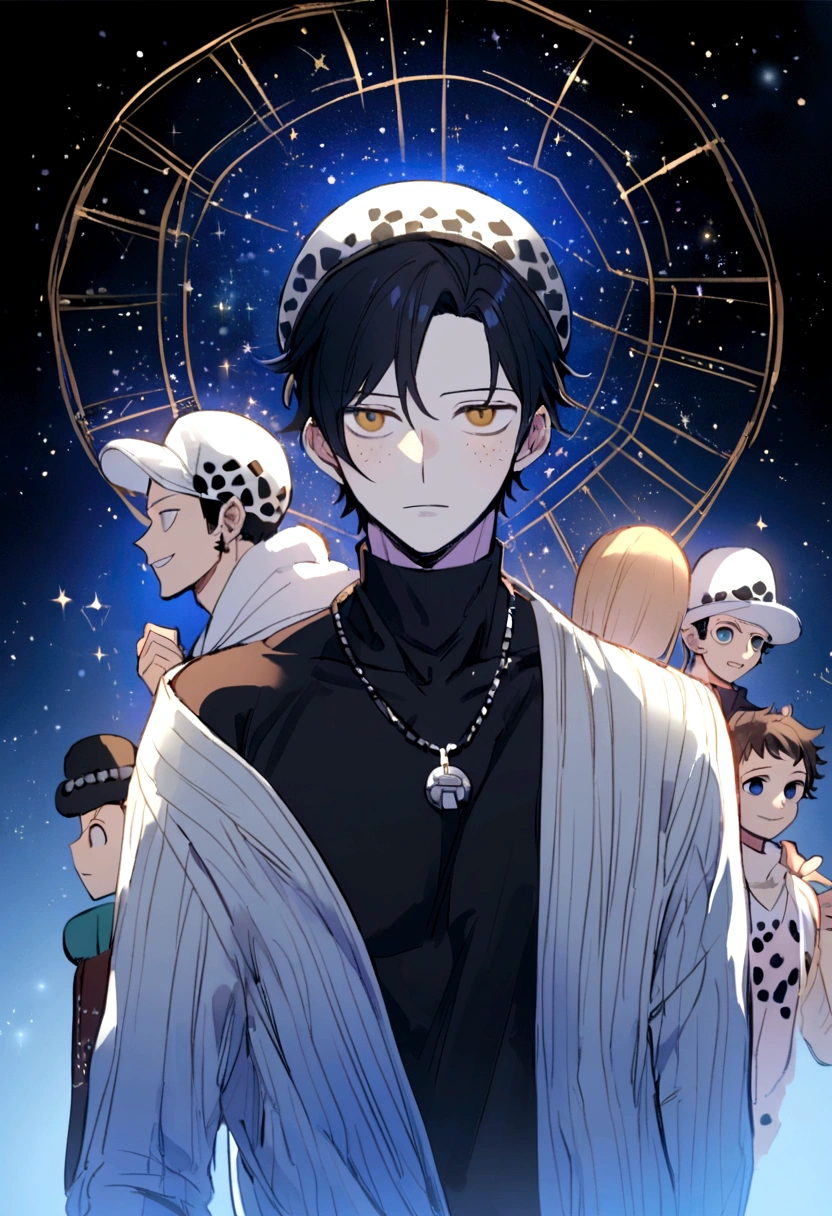 1 chico , cheered up , from onepiece , looking at the sky in amazement ,half body , looking at the stars , short wavy black hair , white skin with slight freckles , neutral eyes without shine royal blue color , black shirt , gray open sweater , wearing the white cap like Trafalgar law , while there is Trafalgar law and Rosinante Donquixote (heart) behind him
