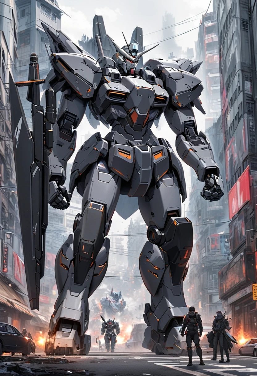 Mecha robot with black and gray colors with a head similar to a wolf in heavy armor carrying a heavy weapon in the middle of a city