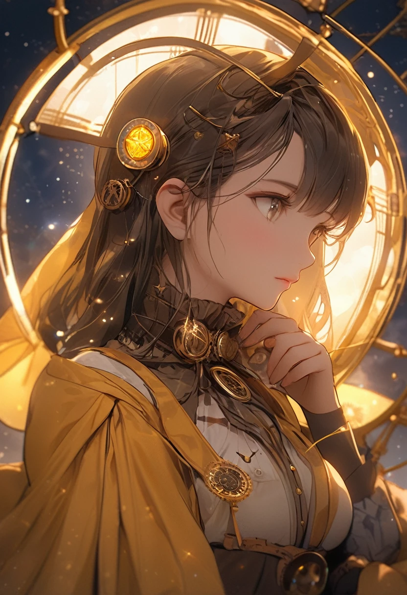  thinking , yellow steampunk robe , masterpiece , cloudly night full stars , steampunk robe , 1girl , soft light , magic rune mark , magic cirlce , looking the view , close up