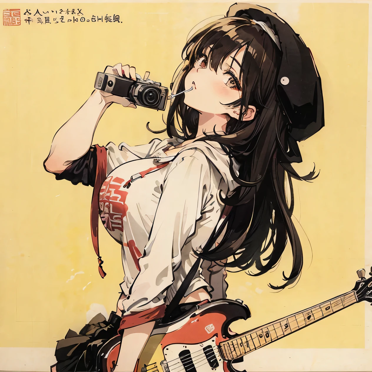 mahjong, a brunette girl, Wearing a white hoodie, short hair, messy hair, Black skirt, hoodie, slim, She has a handheld camera, Medium breasts, She closed her left eye., Shirt accessories, lollipop, White beret, serious face, Beautiful, Round breasts