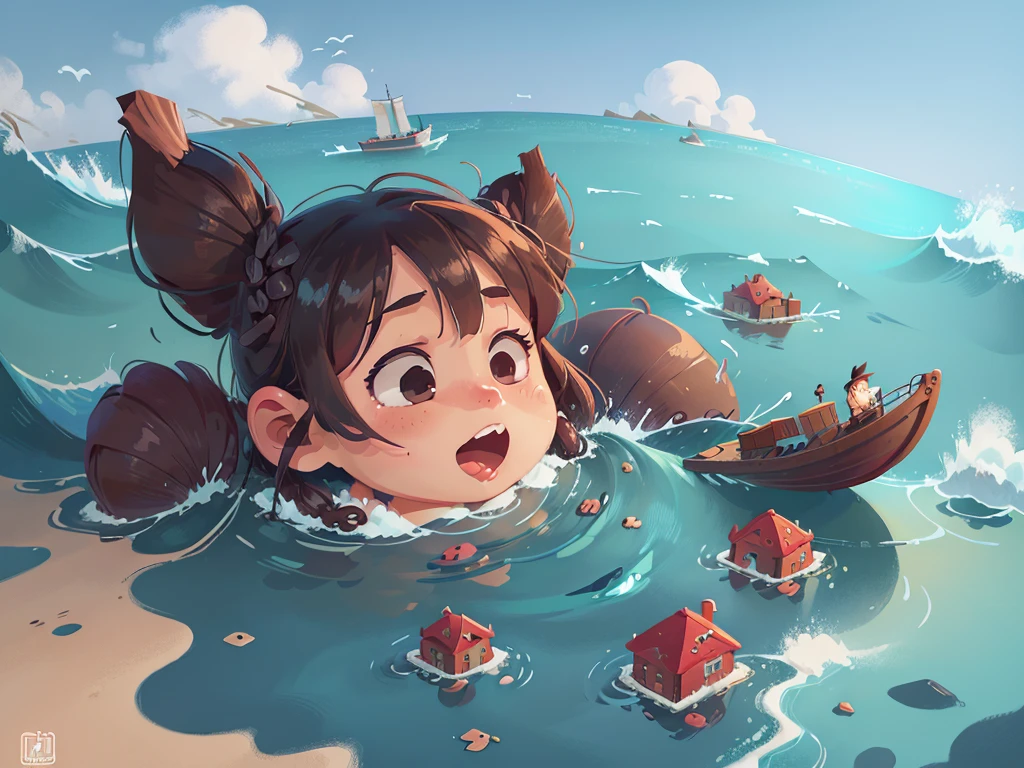 卡通Boat,Surrounded by beautiful sea,This illustration is a 4K high-definition illustration,The facial features are rich in detail,Cartoon Style,卡通Boat,Boat,The details are clear,(Boat和图比例3:1)