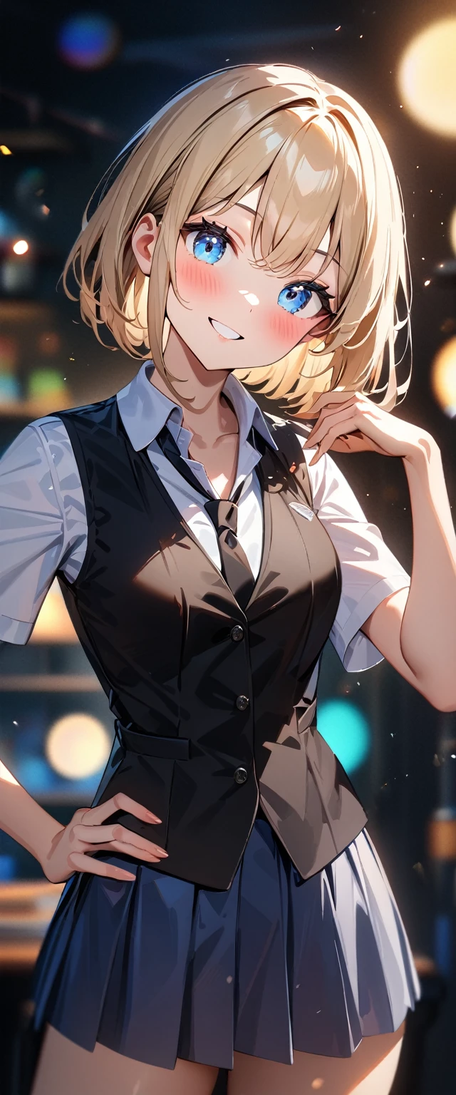 (((One girl))), blond hair, bob cut, (cowboy shot), (looking at viewer), (open collar:1.3), ((black tie under the waistcoat)), face in focus, ager, head tilt:1.3, (((blue eye))), ((happy smile)), ((blush)), contrapposto, one hand on hip, school summer uniform, white shirts, skirt, black waistcoat, anime style, (best quality, 4k, 8k, highres, masterpiece:1.2, ultra-detailed, ultra-detailed eyes, HDR, UHD, studio lighting, ultra-fine painting, sharp focus, physically-based rendering, extreme detail description, professional, vivid colors, bokeh)