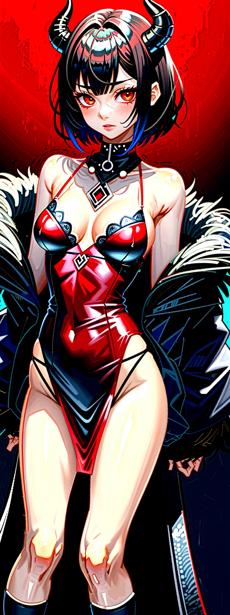 girl, short hair reaching the shoulders, black fur, little red horns. scarlet eyes. demon tail. very y body, above, blood red skirt, very tight black socks, black necklace for lingerie.