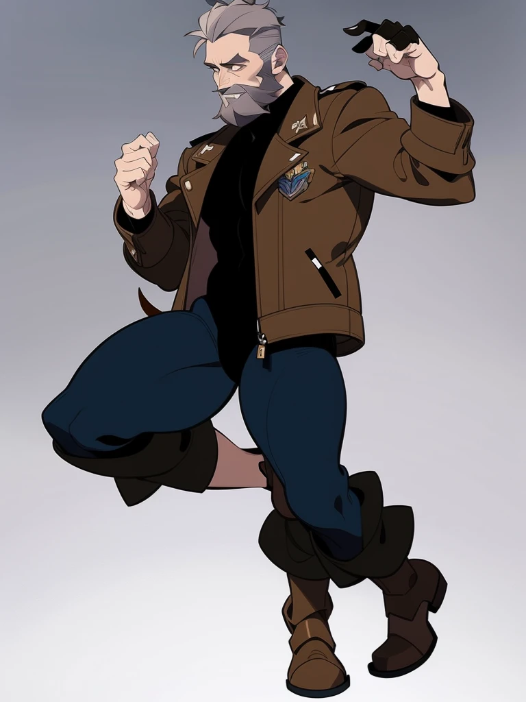 Male, Human, White short hair, full body, soldier, fighter, fit build, leather brown jacket, full body, gray hair and brown full beard
