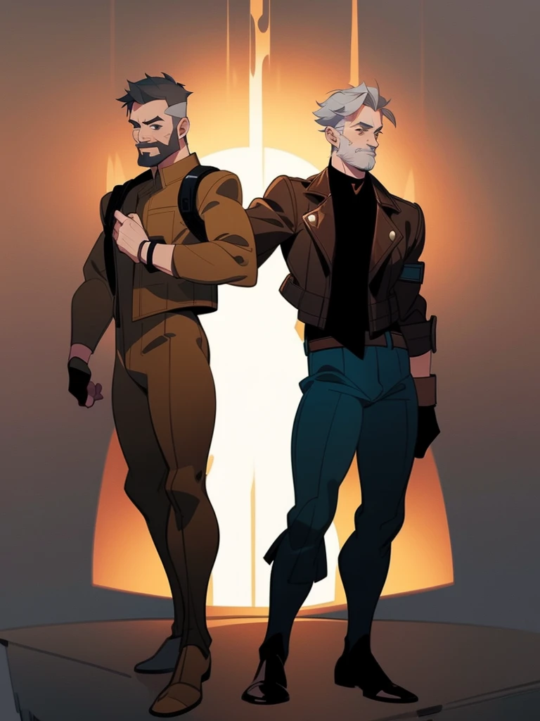 Male, Human, White short hair, full body, soldier, fighter, fit build, leather brown jacket, full body, gray hair and brown full beard