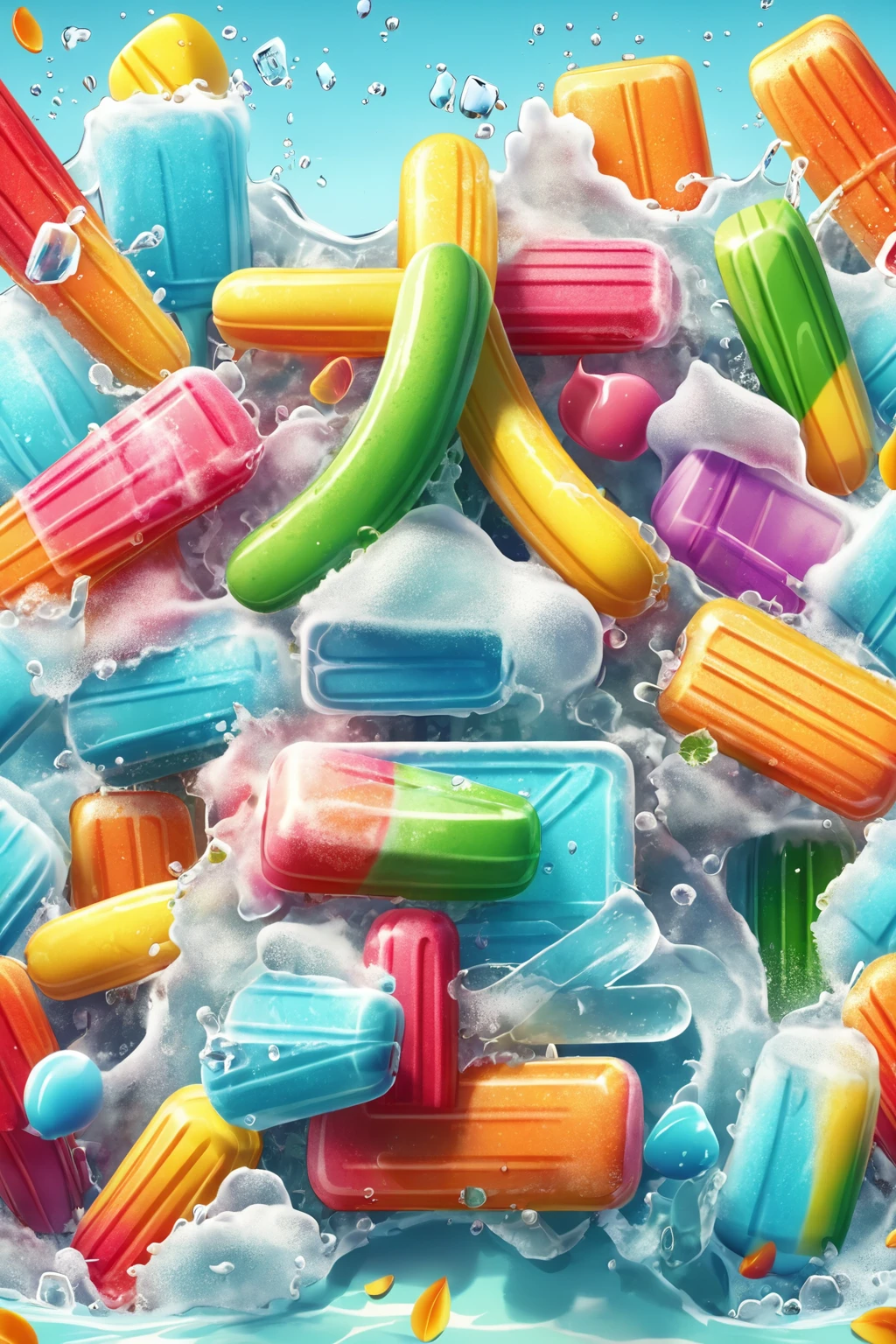 ice lolly text, cartoony, ice cubes background, summer beach, Special features, Octane rendering and blender, hyper quality, clear features, Ultra HD and 8K resolution,Fresh hand drawn illustration