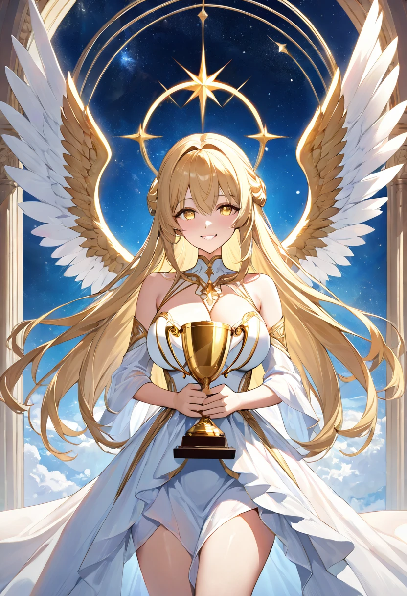 masterpiece, best quality, ultra detailed, sparkling eyes, large breasts, Imagine a breathtaking sight of a golden-haired angelic girl with pristine white wings, standing before you in all her celestial splendor. Her radiant smile lights up the heavens as she clutches a majestic trophy in her delicate hands. The trophy gleams with a brilliance that reflects her shining accomplishment. Her golden locks gently sway in the celestial breeze, and her wings exude an aura of grace and purity. This heavenly being has achieved something extraordinary, and the trophy symbolizes her dedication and hard work. As you capture this celestial vision with your artistic flair, let her divine presence inspire others to reach for the stars and achieve greatness. This enchanting scene celebrates the triumph of an angelic girl's efforts and the beauty of her celestial journey.
