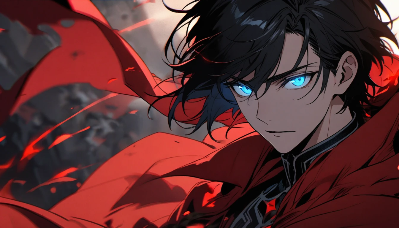 Male, solo, handsome, black hair, blue eyes, glowing eyes, red cloak, young, half body
