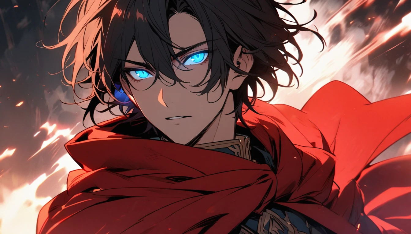Male, solo, handsome, black hair, blue eyes, glowing eyes, red cloak, young, half body