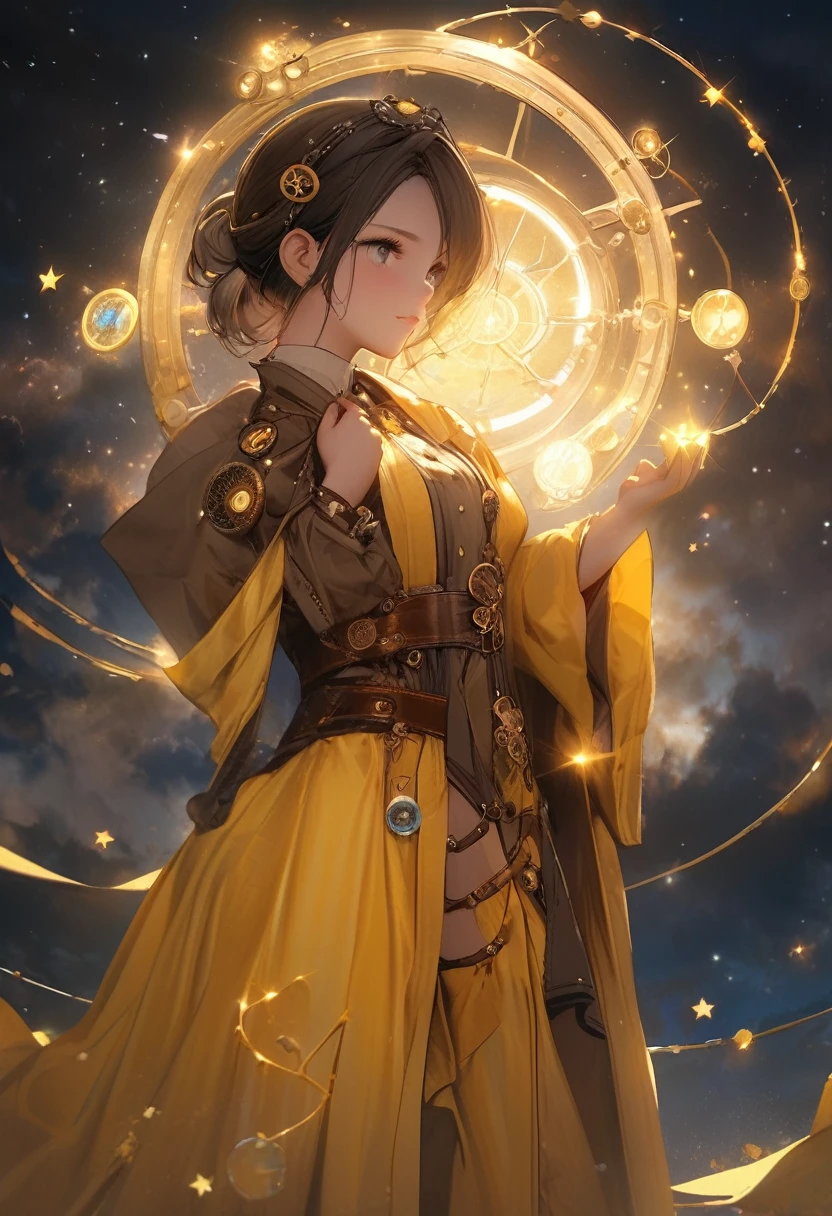 A thinking girl in a yellow steampunk robe, masterpiece, cloudy night full of stars, soft lighting, magic rune mark, magic circle, (best quality,4k,8k,highres,masterpiece:1.2),ultra-detailed,(realistic,photorealistic,photo-realistic:1.37),intricate details,dramatic lighting,cinematic composition,concept art,digital painting