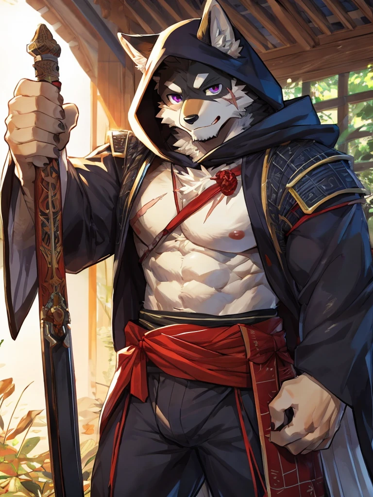 embedding:Black wolf,male, Purple eyes,Scar on the face, Single Person,black fur.Broken eyebrow,Samurai,Samurai suit,Hood cloak,With a samurai sword at his waist.Handsome,Muscular,Tall,Best quality hands, best quality eye,detailed fur,Delicate eyes.Extreme picture quality,by sollyz,by zixiong,by milkytiger1145