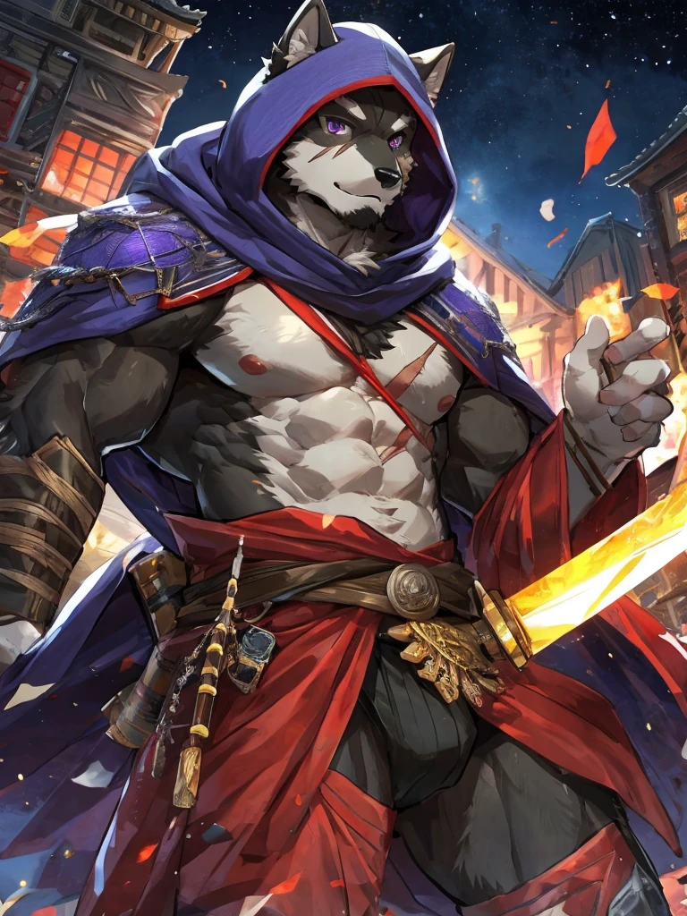 embedding:Black wolf,male, Purple eyes,Scar on the face, Single Person,black fur.Broken eyebrow,Samurai,Samurai suit,Hood cloak,With a samurai sword at his waist.Handsome,Muscular,Tall,Best quality hands, best quality eye,detailed fur,Delicate eyes.Extreme picture quality,by sollyz,by zixiong,by milkytiger1145