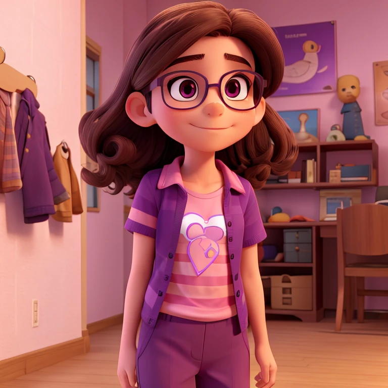 a 10 years with glasses with long dark brown hair, has brown eyes, wears a purple t-shirt with pink stripes and navy blue pants and magenta shoes
