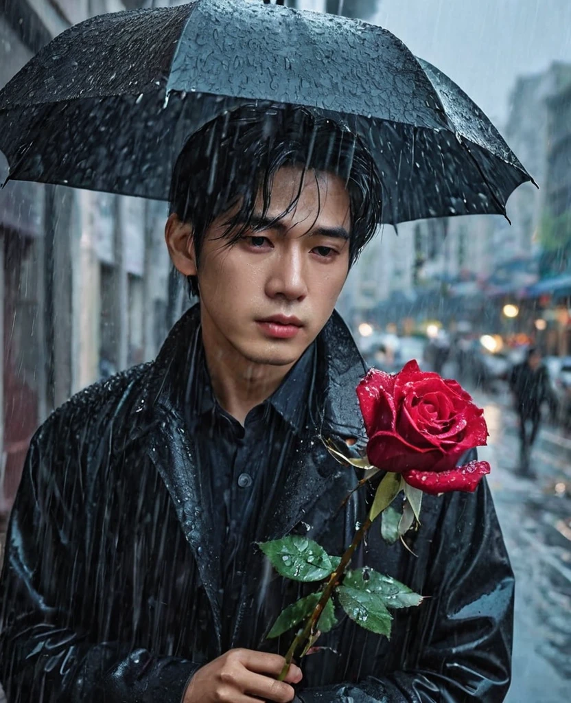 in a bustling city，cold rain，A man stands alone in the rain，The tightly held roses are scattered on the ground。His eyes are confused，The expression is sad，Gloomy eyes， and strong，withered rose，Wilted flowers，The rain washed over his cheeks。He insists on waiting，Believe that the one you love will come back。