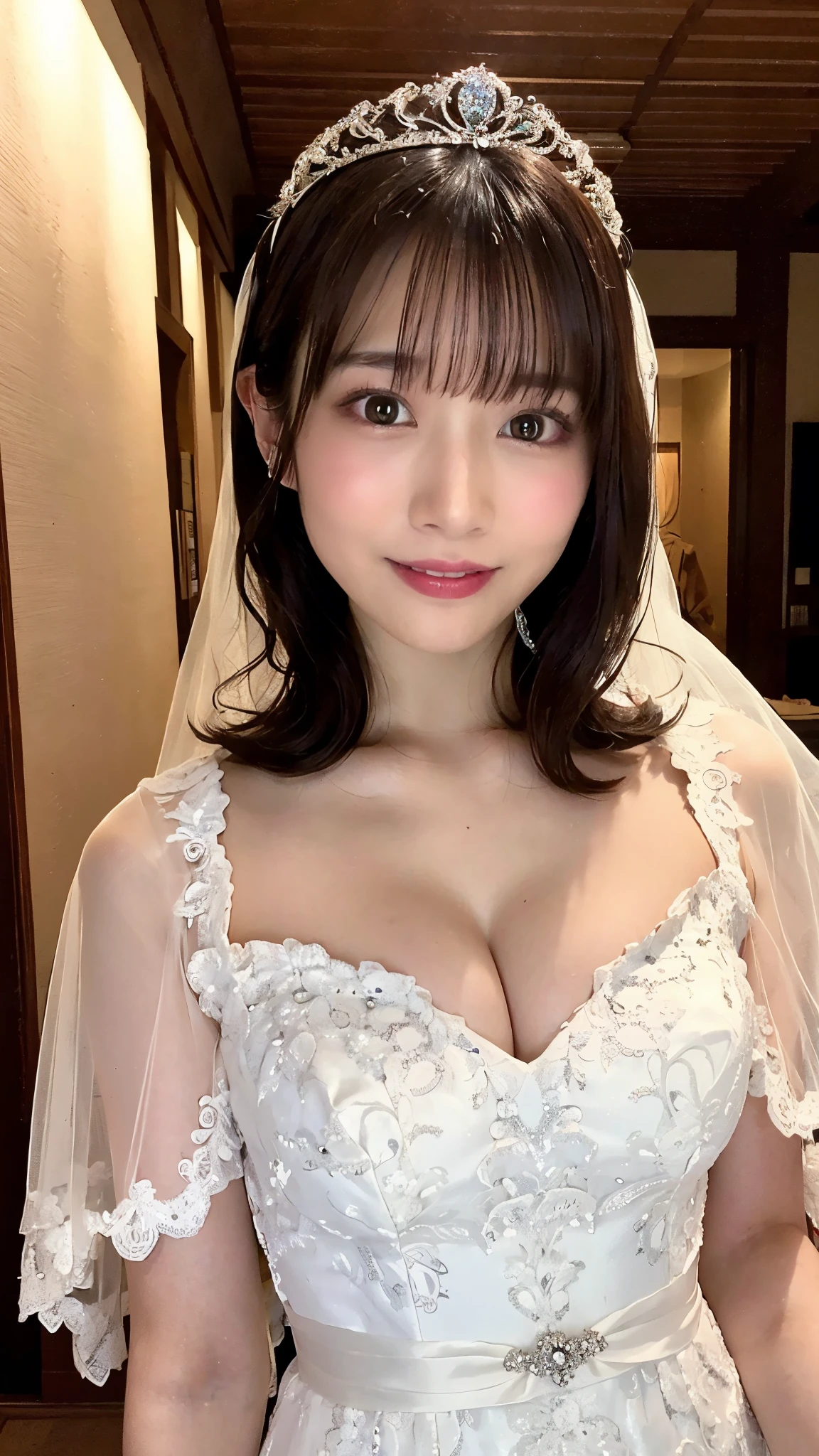 (Highest quality,masterpiece:1.3,Ultra-high resolution,),(Super detailed,Caustics),(Realistic:1.4,RAW shooting,)Ultra-Realistic Capture,Very detailed,High resolution 16k human skin closeup。 The skin texture is natural、,pores、It must be detailed enough to be easily identifiable.。 Skin should look healthy and have an even tone。 Use natural light and color,1 Girl,Japanese,cute,22 years old,Laughter and Tears,Looking into the camera,Natural brown hair,Half Up,Medium sized breasts,(tiara,Wedding Veil,Pure white wedding dress:1.35),Holding a bouquet,Stand upright,Looking into the camera,Flooded with light,Front view,View from the front,Half Body Shot,Low position,Advantageous perspective natural light,(Mt. Fuji in Japan:1.35),(Droopy eyes, Natural Makeup、Ultra-high definition beauty face:1.25)、(Ultra-high resolutionの完璧な美しい歯, Center of chest, Tight waist, smile:1.15)