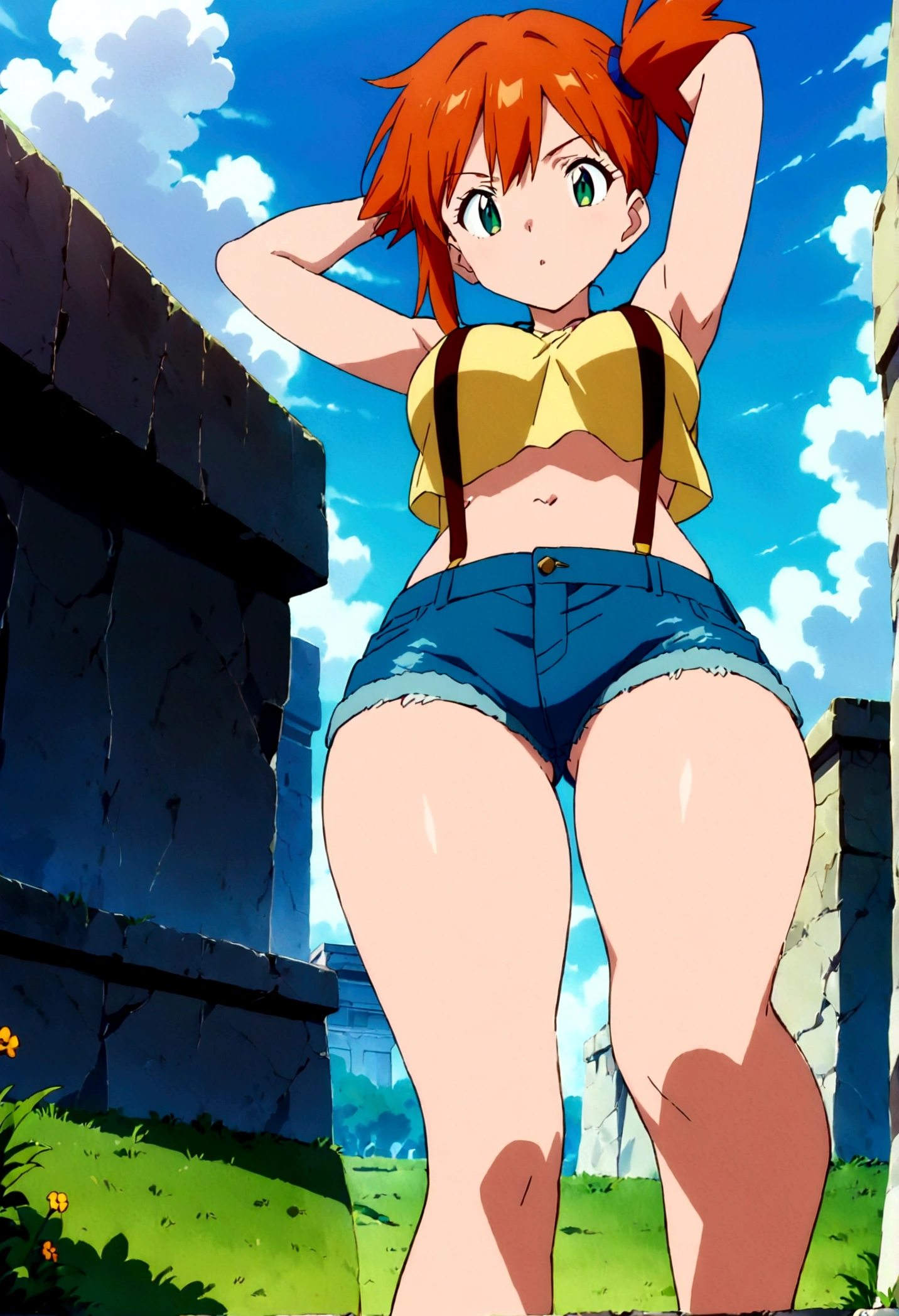 score_9,score_8, score_7_.superior,from below:1.5,foot focus, ., (mature;1.2) , (outcome), One girl, , Foggy, alone, Outdoor, Green Eyes, Orange Hair, Side Ponytail, Yellow Shirt, Sleeveless shirt,belly button, Denim shorts, suspenders, Captivating look, Seductive expressions),(under_boob),,arms up,arms behind head,,great lighting, perfect hands, detailed shadows,sky,grass, anime artwork, anime style, key visual, vibrant, studio anime,
highly detailed, newest, late, anime coloring, masterpiece, best quality,
best aestethic, absurdres,