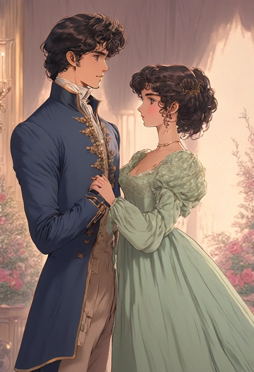 Very best quality, masterpiece , a very retro vintage kinda look feel 8K,High HD,higher rselutionHigh quality very anime semi realism Show a very English regency period young handsome looking couple male anf female show woman in noeclassical loose kinda thin kinda almost greco romanesque style dress with high waist short kind somewhat puffed sleeves in pastel shades and colors with a very regency period looking young man dashing kinda rakish very dark night dark hair haired even very kinda Bridgerton/Jae Austen kinda looks feels in Regency England drawing room settings classical British look feels with female womenempre high waisted detailed dresses more detailed inticate petterning designs