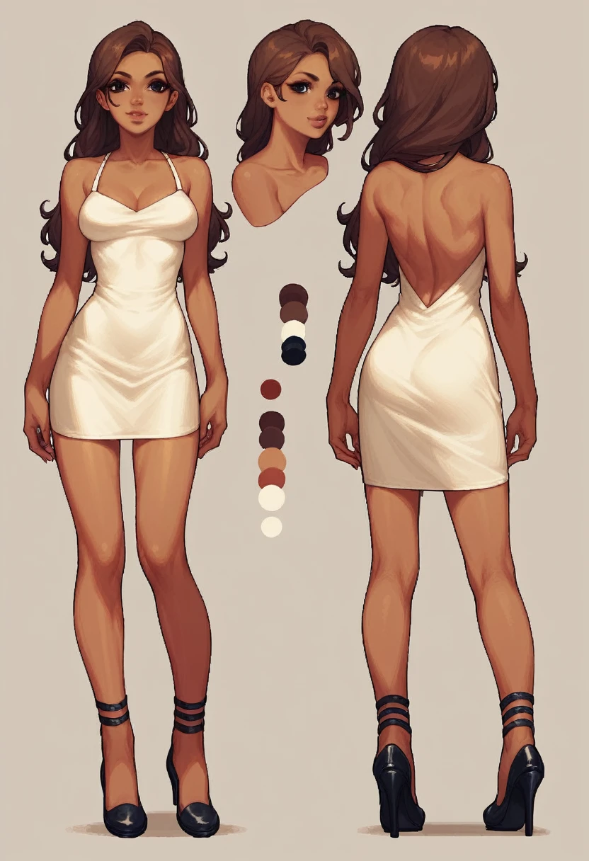 score_9, score_8_up, score_7_up, score_6_up, detailed pixel art of a woman, brown, smooth skin, black eyes, long dark brown hair, full lips, slender physique, character design sheet, black skater dress, black heels