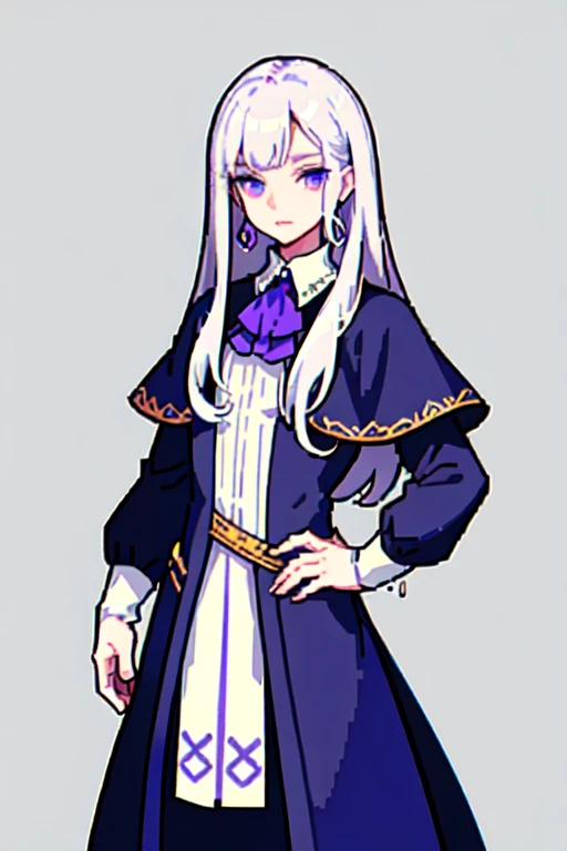 ((masterpiece)), (((best quality))), illustration, prince, male, pale white skin, white hair, long hair, straight hair, handsome man, pixel, pixel art, violet eyes, purple eyes, earrings, realistic medieval clothing, serene expression, highest quality, highly detailed, original
 