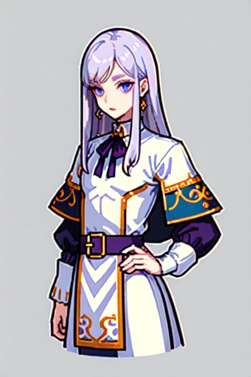 ((masterpiece)), (((best quality))), illustration, prince, male, pale white skin, white hair, long hair, straight hair, handsome man, pixel, pixel art, violet eyes, purple eyes, earrings, realistic medieval clothing, serene expression, highest quality, highly detailed, original
 