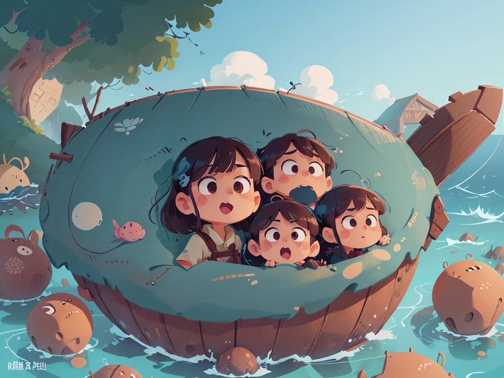 卡通Boat,Surrounded by beautiful sea,This illustration is a 4K high-definition illustration,The facial features are rich in detail,Cartoon Style,卡通Boat,Boat,The details are clear,(Boat和图比例3:1),No characters,